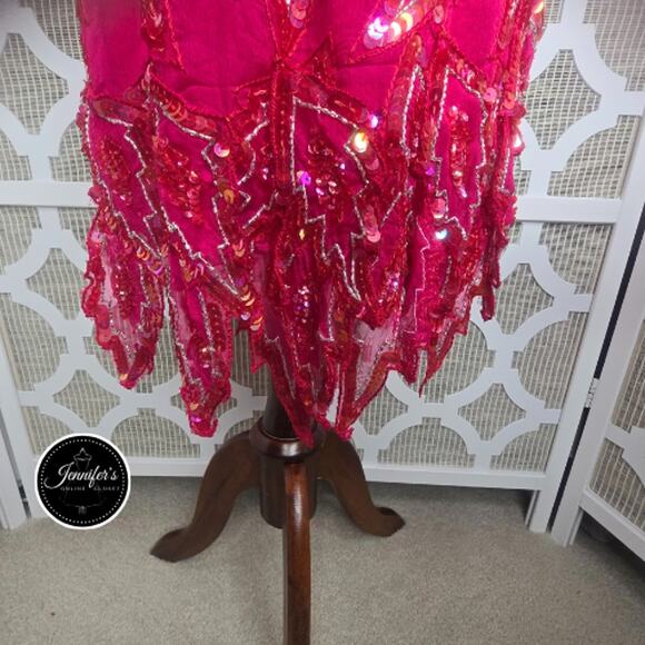 Scala Vintage 80's Red 100% Silk Sequin and Beaded Leaf Handkerchief Hem Dress - Picture 7 of 16
